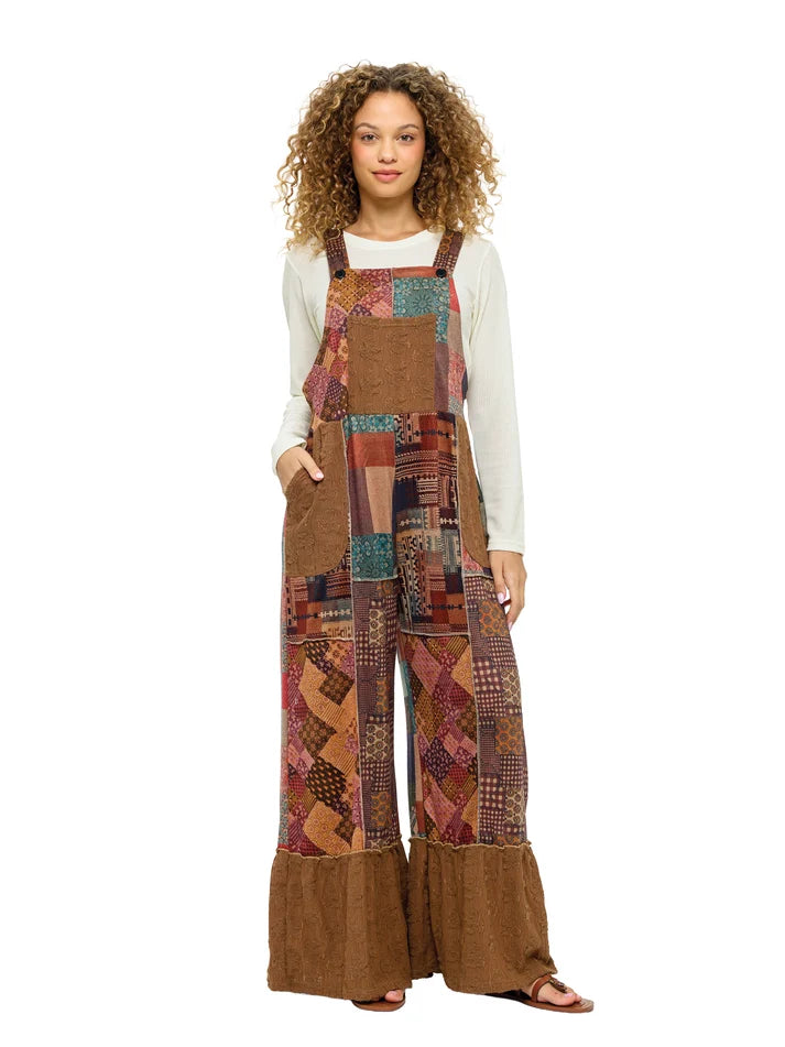 Yak & Yeti Boho Patchwork Floral Ruffled Hem Overalls | Brown | Sizes S/M-L/XL