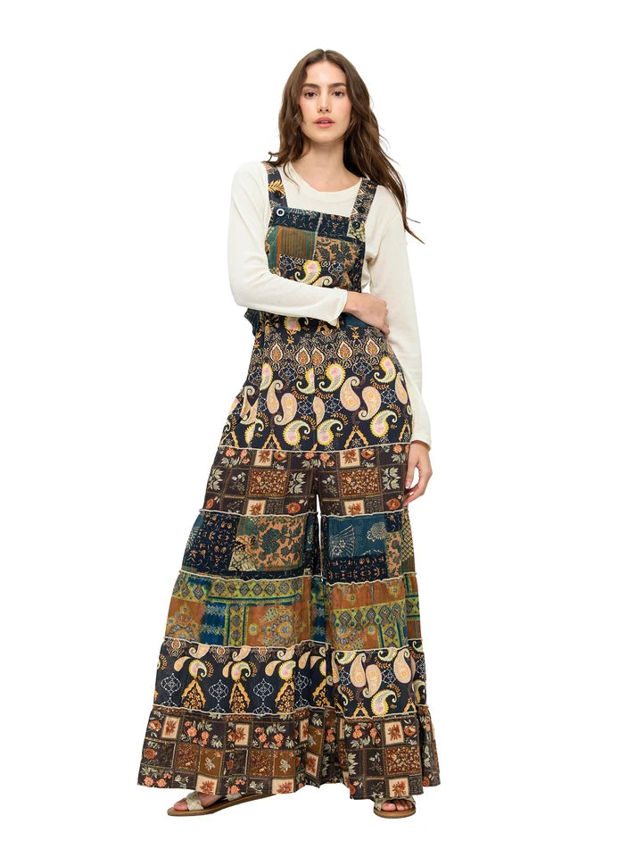 Yak & Yeti Boho Floral Paisley Tiered Wide Leg Overalls | Brown Multi | Sizes S/M-L/XL