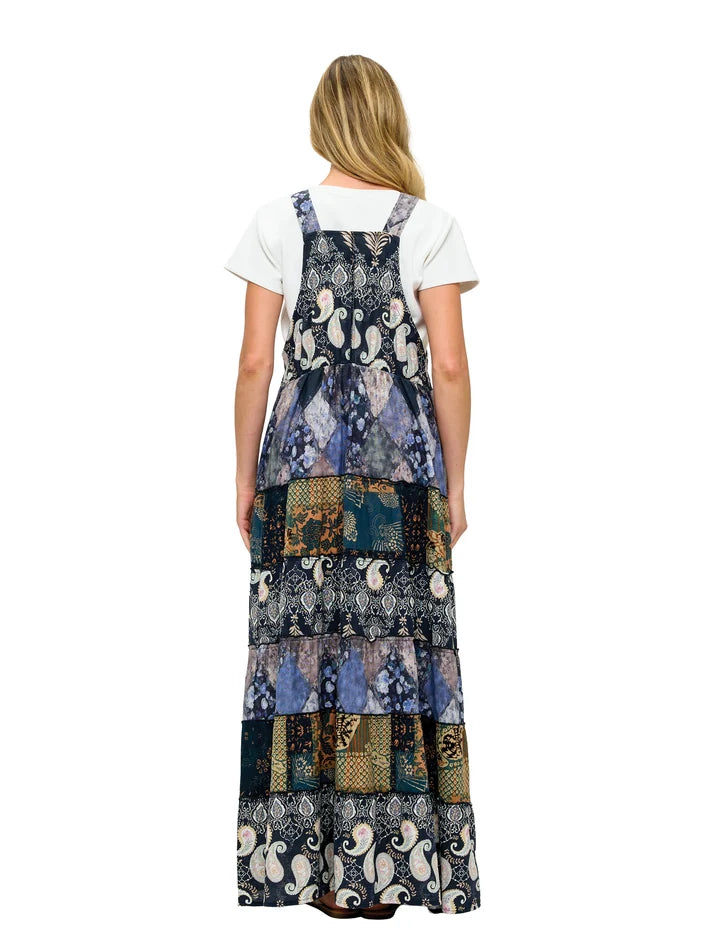 Yak & Yeti Tiered Paisley Floral Overall Maxi Dress Dark Gray Back View
