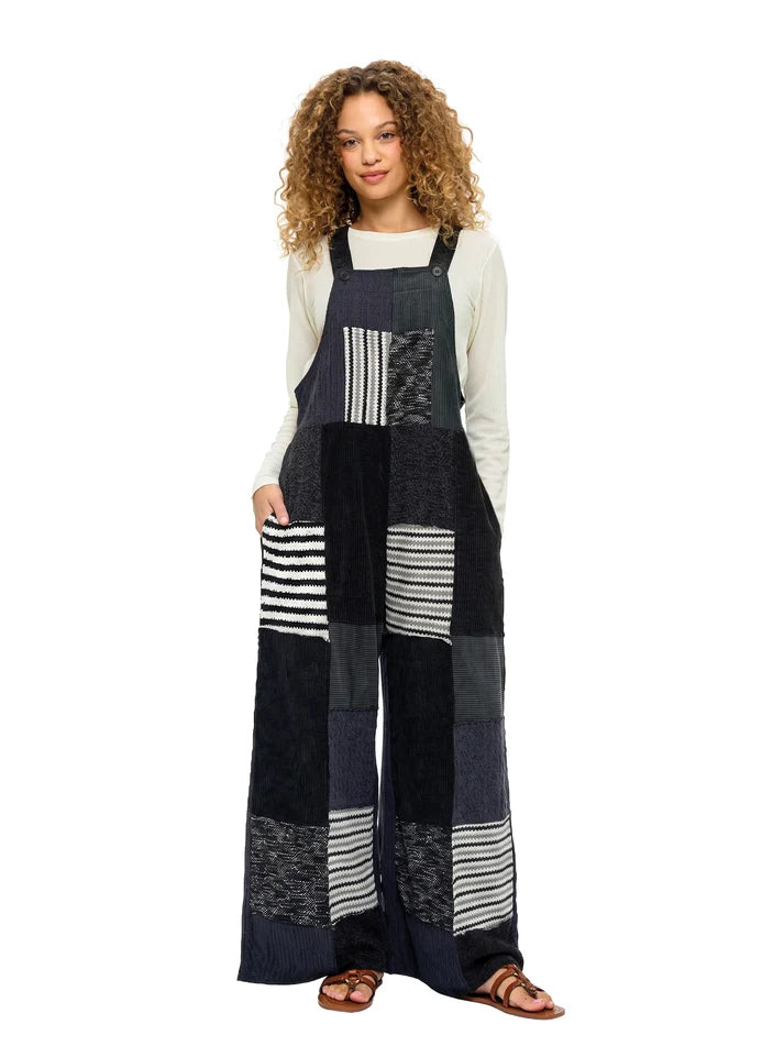 Yak & Yeti Boho Colorblock Ribbed Patchwork Overalls | Black | Sizes S/M-L/XL