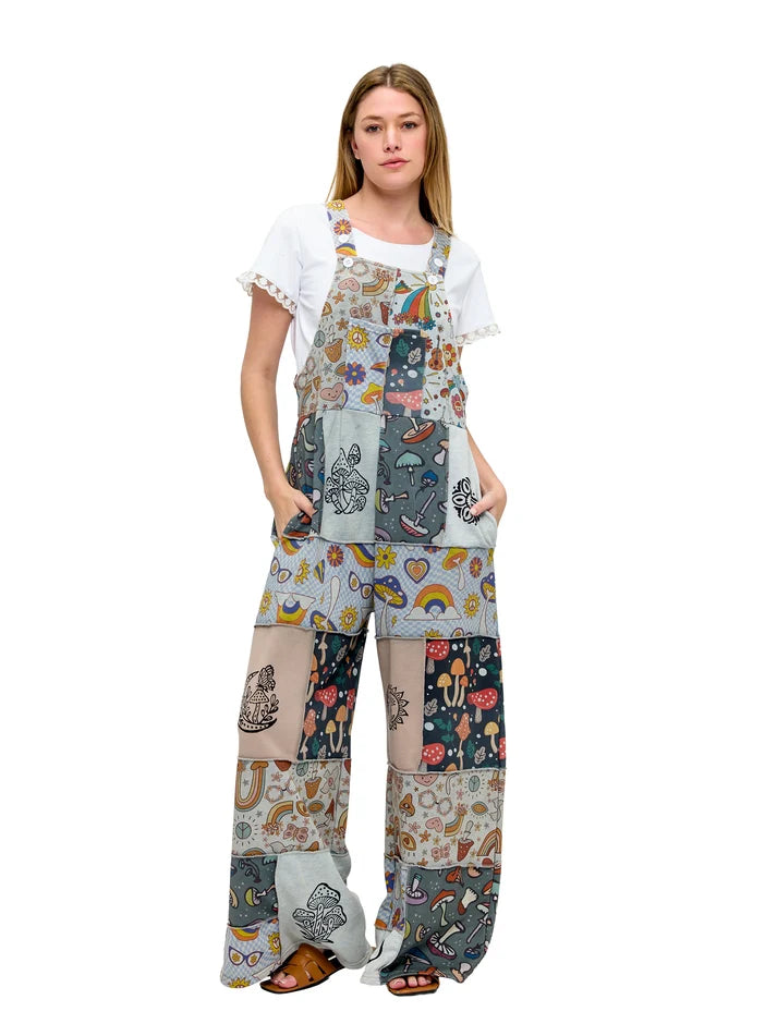 Yak & Yeti Boho Whimsical Mushroom Patchwork Overalls | Multi-Color | Sizes S/M-L/XL