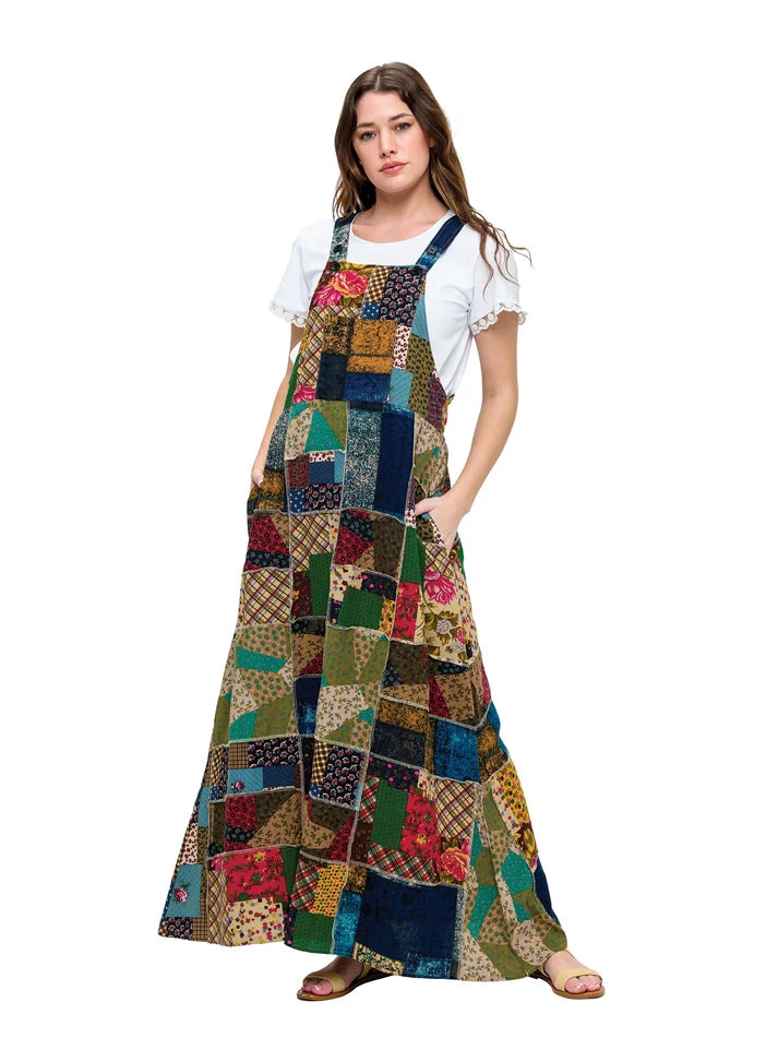 Yak & Yeti Patchwork Floral Overall Maxi Dress | Multi-Color | Sizes S/M-L/XL