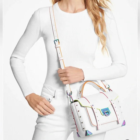 MK Manhattan Medium Contrast-Trim Leather Satchel Optic White NWT