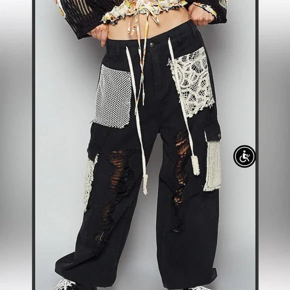 Pol Black Jogger Pants With Distress & Crochet Patches. Various Sizes. NWT.