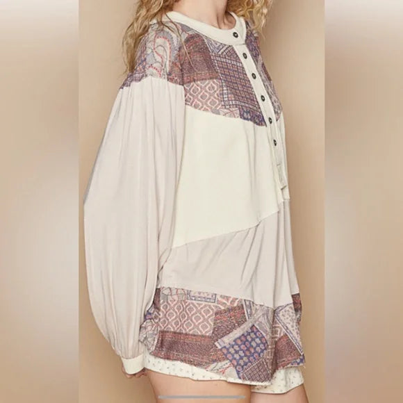 Pol Oatmeal Round Neck Balloon Sleeve Top. Various Sizes. NWT.