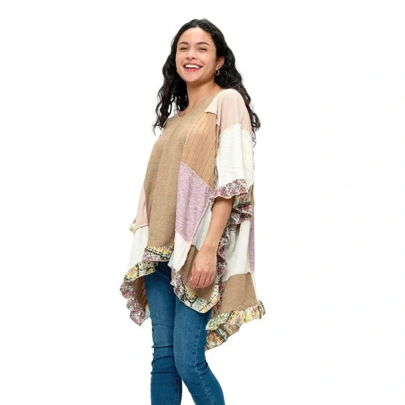 Yak & Yeti Beige Poncho Boho Vibes Colorblock Ruffled Hem. Various Sizes. NWT.