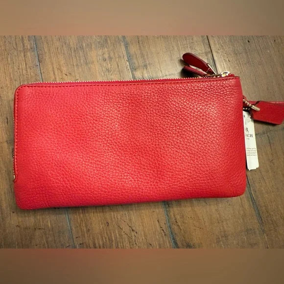 Coach Large Red Pebbled Leather Double Zip Around Wallet