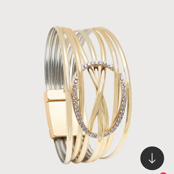 SAACHI Gold Leather Intertwined Crystal Disk Bracelet.