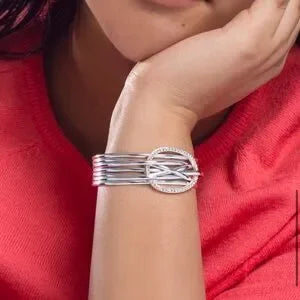 SAACHI Silver Leather Intertwined Crystal Disk Bracelet.