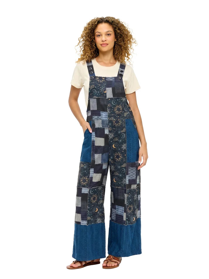 Yak & Yeti Boho Celestial Patchwork Wide-Leg Overalls | Blue | Sizes S/M-L/XL