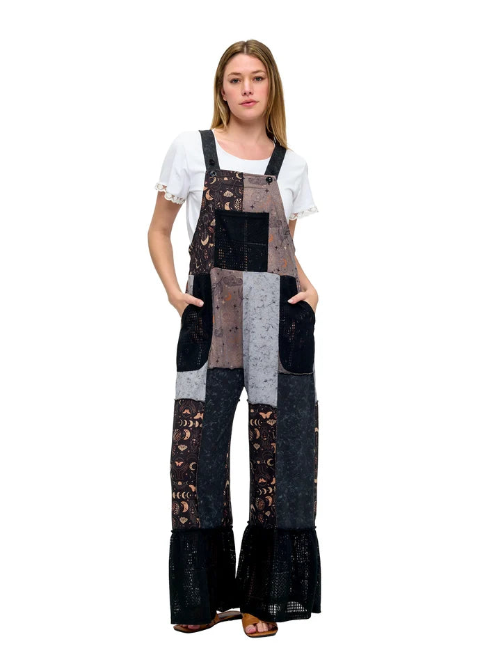 Yak & Yeti Boho Celestial Mushroom Patchwork Overalls | Black Multi | Sizes S/M-L/XL
