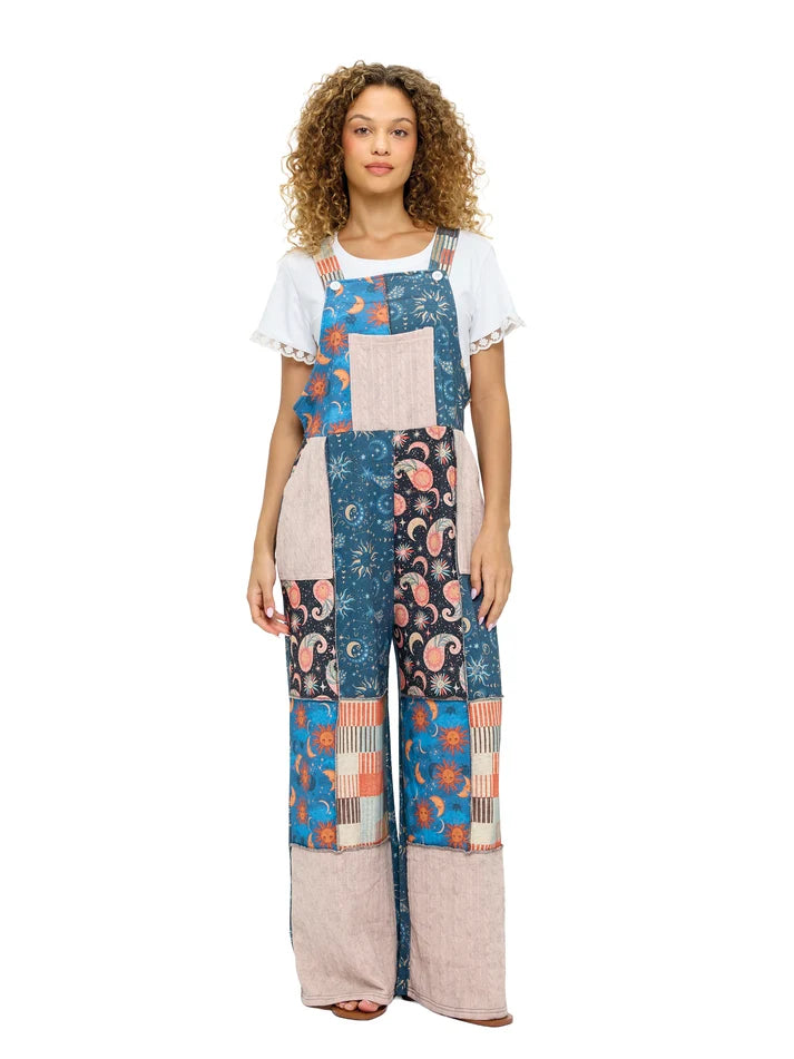 Yak & Yeti Whimsical Celestial Print Patchwork Overalls | Blue Multi | Sizes S/M-L/XL