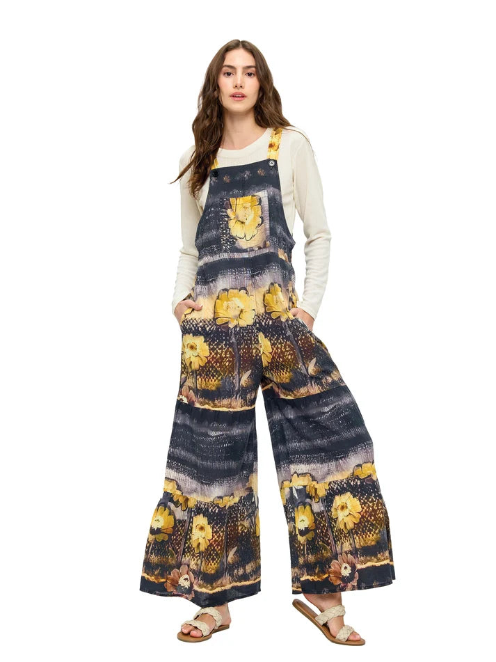 Yak & Yeti Hippie Floral Print Wide Leg Overalls | Gray | Sizes S/M-L/XL