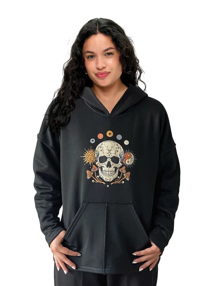 Yak & Yeti Boho Celestial Mushroom Skull Print Hoodie | Black | Sizes S/M-M/L-L/XL