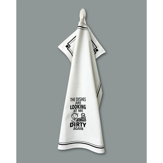FD20 | Fabdaz The Dishes Are Looking at Me Dirty Again Funny Kitchen Towel | White / Black | 18x28