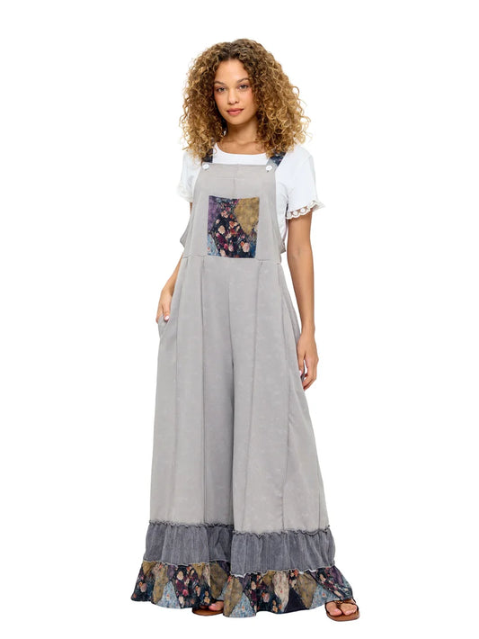 26855 | Yak & Yeti Vintage Washed Patchwork Floral Overalls | Gray | Sizes S/M-L/XL