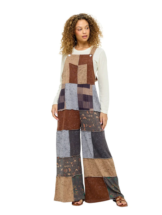 26813 | Yak & Yeti Gypsy Patchwork Celestial Colorblock Overalls | Mocha | Sizes S/M-L/XL