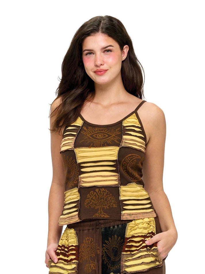 Yak & Yeti Boho Stretchy Razor Cut Patch Printed Tank Top | Brown  | Sizes S-XL