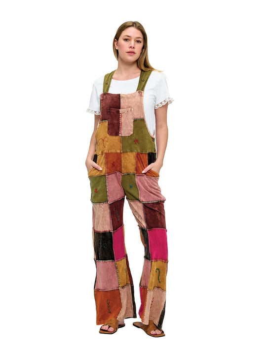 Yak & Yeti Colorblock Patchwork Vintage Washed Overalls | Multi-Color  | Sizes S/M-L/XL