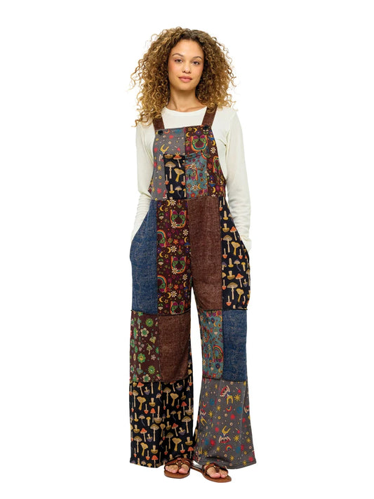Yak & Yeti Boho Patchwork Mushroom Rainbow Prnt Overalls | Multi-Color  | Sizes S/M-L/XL