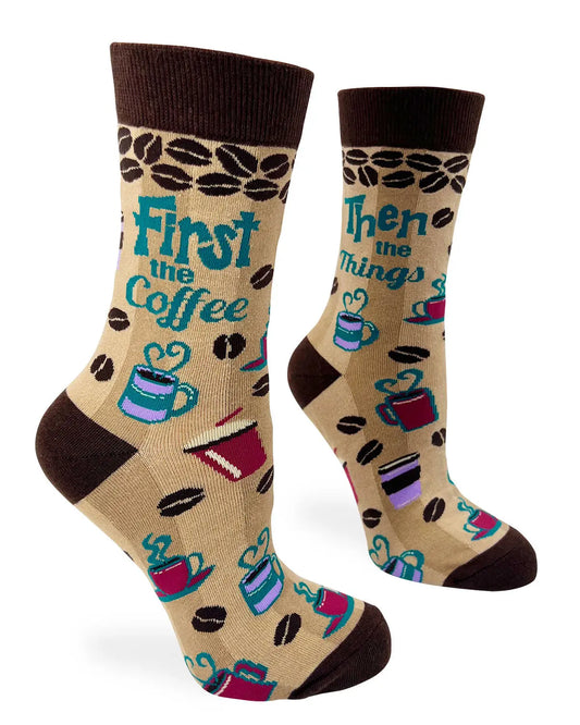 FD36 | Fabdaz Women's Novelty Crew Socks | First the Coffee Then  | Size 5-10