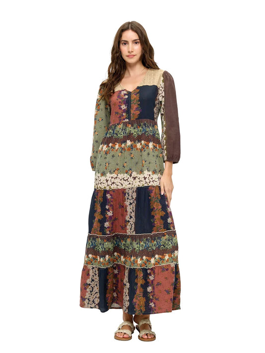 26861 | Yak & Yeti Boho Floral Tiered Maxi Dress | Green Multi | Sizes S-XL