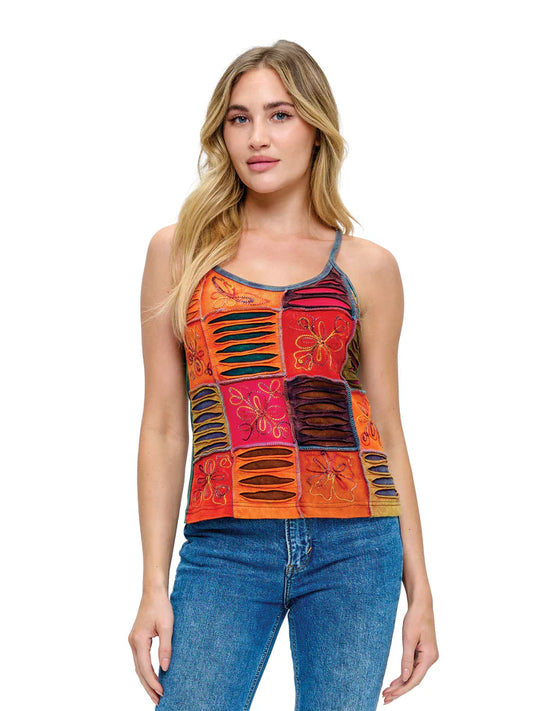 26465 R | Yak & Yeti Boho Razor Cut Patch Embroidered Tank Top | Rust | Sizes S/M-L/XL