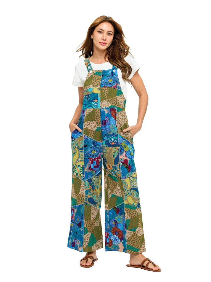 Yak & Yeti Flowy Wide Leg Printed Patchwork Overalls | Aqua Multi  | Sizes S/M-L/XL