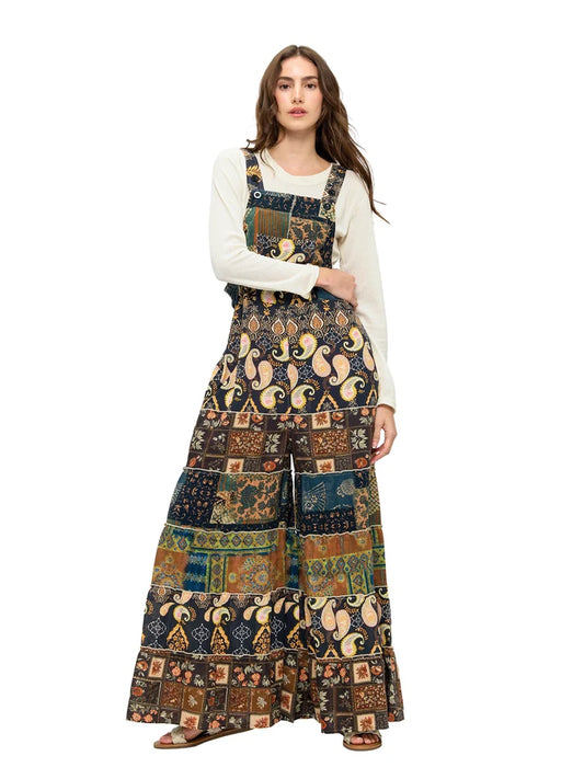 Yak & Yeti Boho Floral Paisley Tiered Wide Leg Overalls | Brown Multi  | Sizes S/M-L/XL