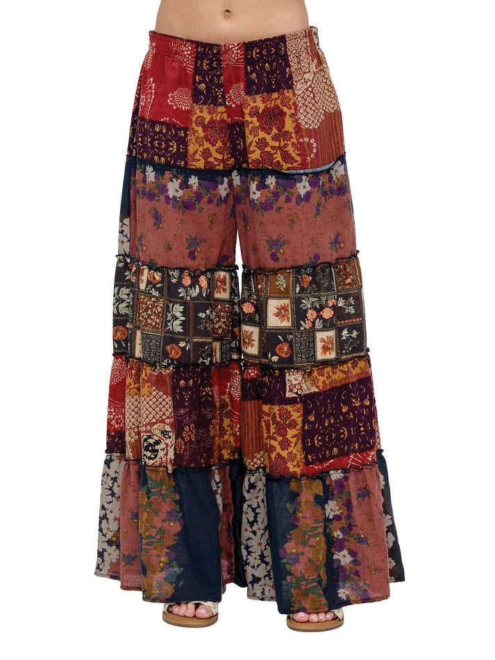 Yak & Yeti Boho Floral Pants Ruffled Wide Leg | Rust | Sizes S/M-L/XL