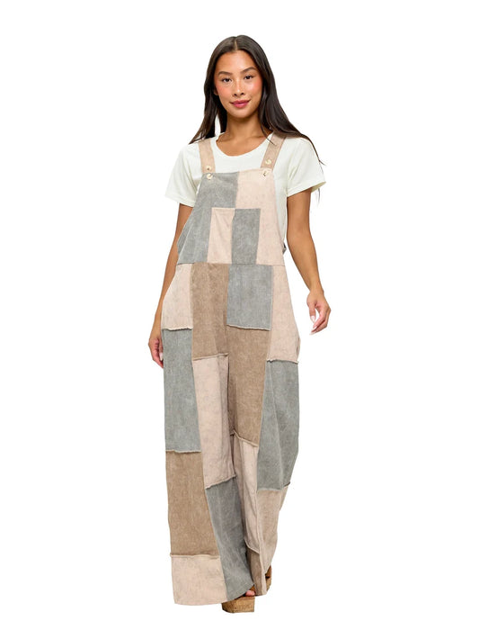 26906 | Yak & Yeti Corduroy Multi Patched Jumpsuit | Lt Mocha | Sizes S/M-L/XL