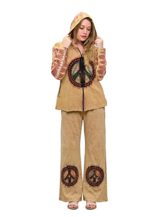 26950 | Yak & Yeti Peace Sign Patch Embroidered ZipUp Jacket | Camel | Sizes S/M-L/XL