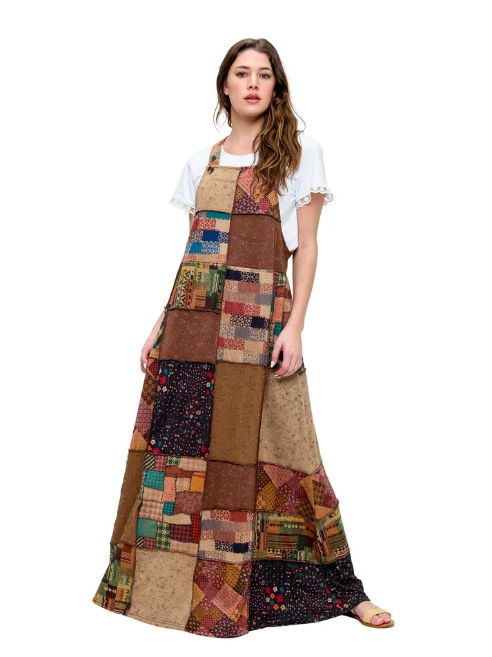 Yak & Yeti Earthy Brown Patchwork Overall Maxi Dress | Brown  | Sizes S/M-L/XL