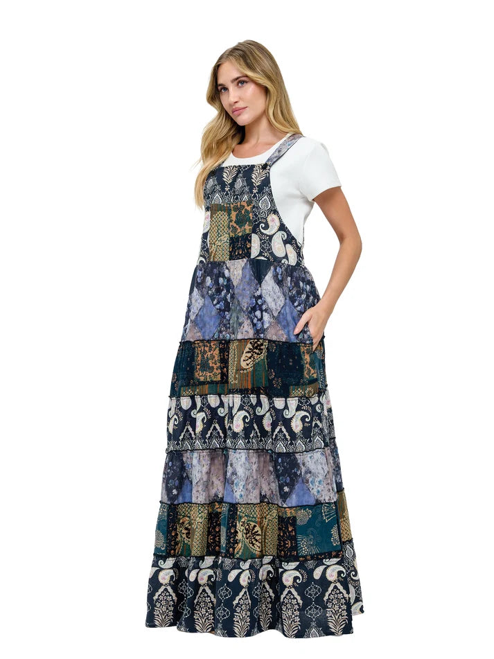 Yak & Yeti Tiered Paisley Floral Overall Maxi Dress Dark Gray Side View
