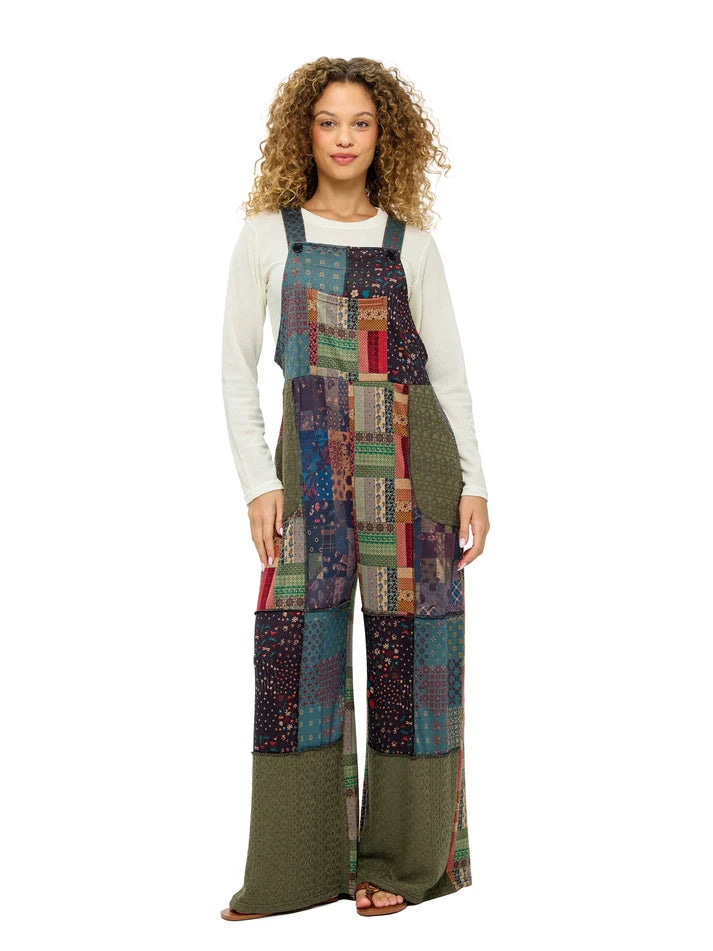 Yak & Yeti Boho Floral Nature Print Patchwork Overalls | Multi-Color  | Sizes S/M-L/XL