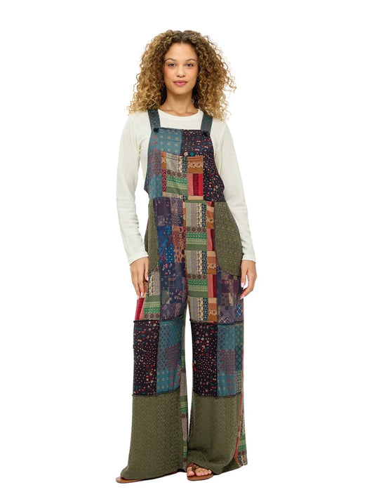 Yak & Yeti Boho Floral Nature Print Patchwork Overalls | Multi-Color  | Sizes S/M-L/XL
