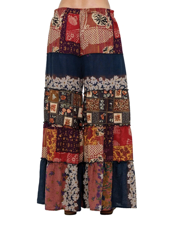 Yak & Yeti Boho Floral Pants Ruffled Wide Leg | Rust | Sizes S/M-L/XL