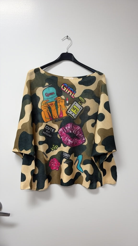 L289 | Loowie Khaki Pop Art Round Neck Printed Sweater | One Size S-L ...