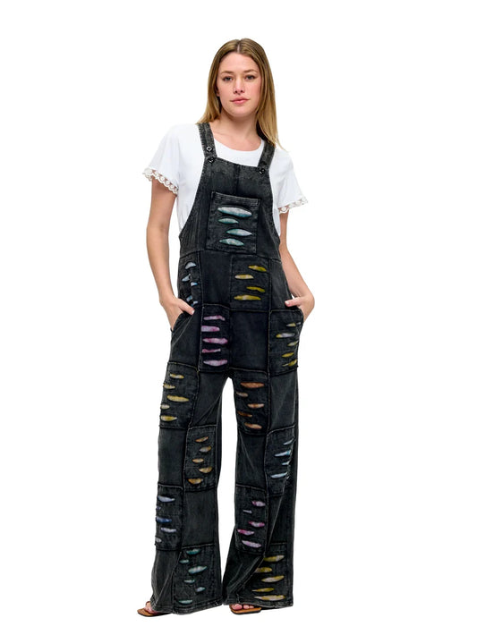 26890 | Yak & Yeti Razor Cut Patchwork Washed Overalls | Black | Sizes S/M-L/XL