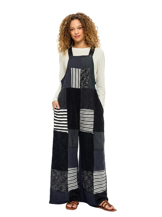 Yak & Yeti Boho Colorblock Ribbed Patchwork Overalls | Black  | Sizes S/M-L/XL