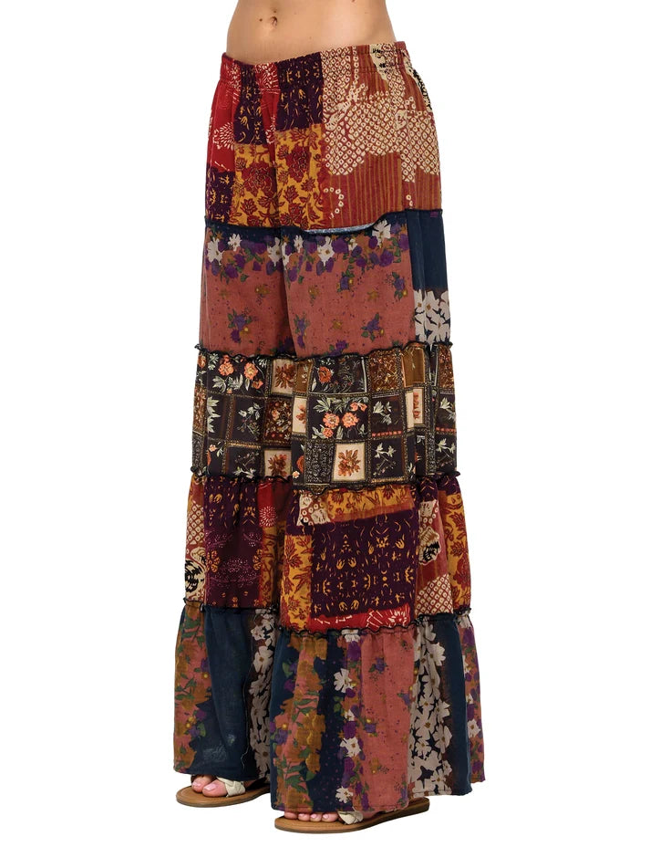 Yak & Yeti Boho Floral Pants Ruffled Wide Leg | Rust | Sizes S/M-L/XL