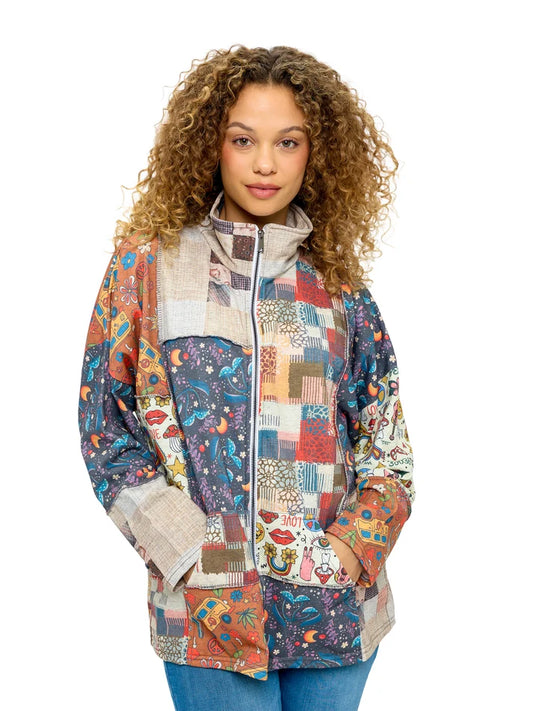 Yak & Yeti Whimsical Multicolor Patchwork Zip-Up Jacket | Multi-Color  | Sizes S/M-L/XL