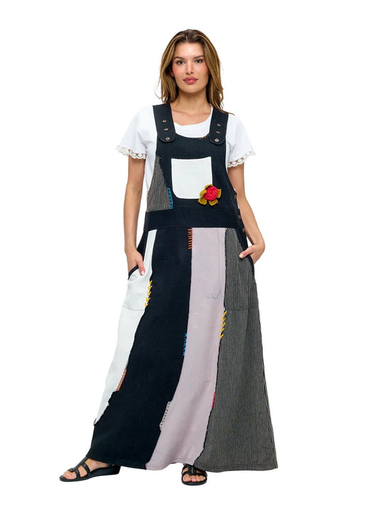 26963 | Yak & Yeti Colorblock Patchwork Overall Dress | Black | Sizes S/M-L/XL