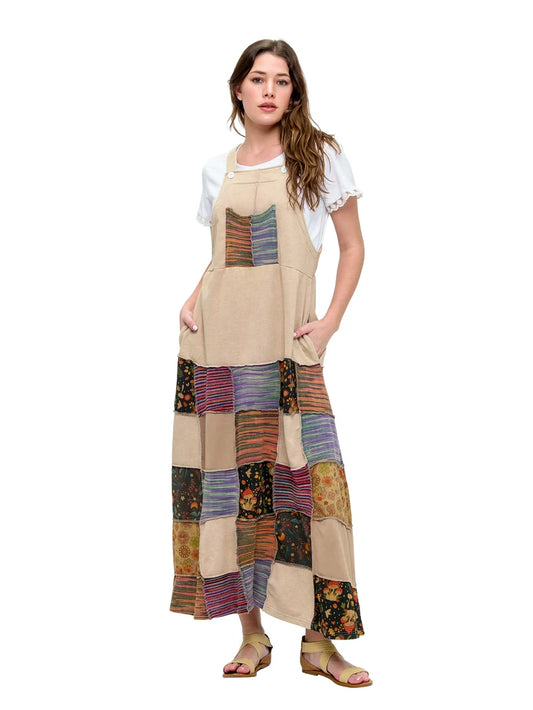 26850 | Yak & Yeti Whimsical Patchwork Overall Maxi Dress  | Tan | Sizes S/M-L/XL