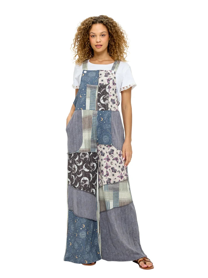 Yak & Yeti Whimsical Celestial Print Patchwork Overalls | Gray Multi  | Sizes S/M-L/XL
