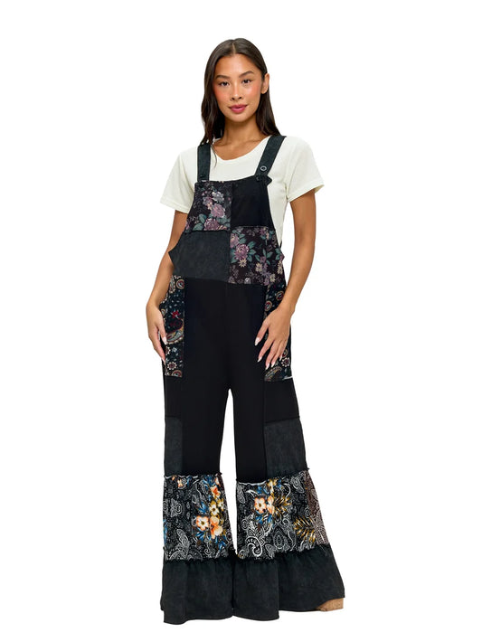 26907 | Yak & Yeti Boho Bell Bottom Overalls | Black | Sizes S/M-L/XL