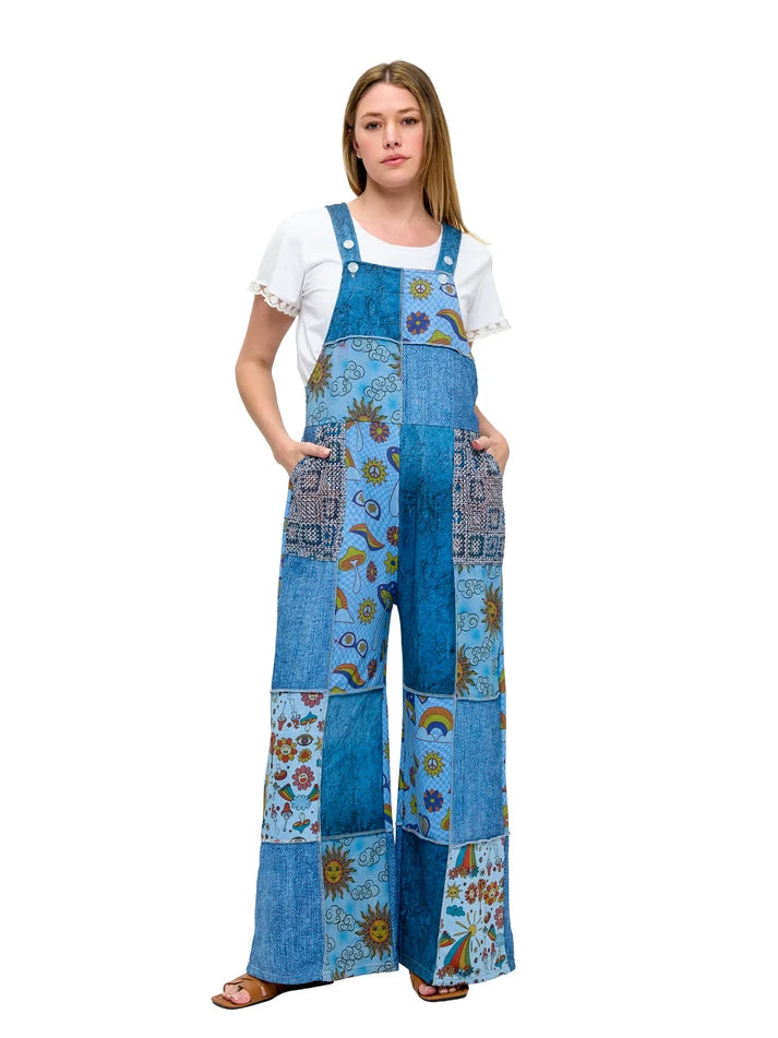 Yak & Yeti Boho Celestial Mushroom Patchwork Overalls | Blue  | Sizes S/M-L/XL