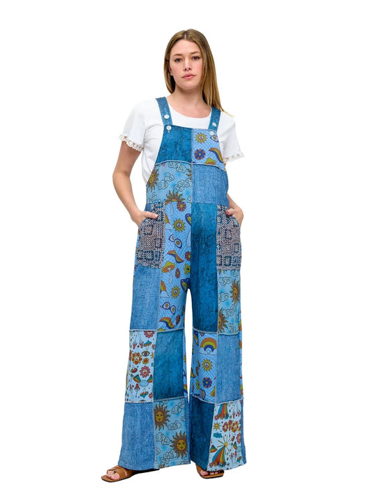 Yak & Yeti Boho Celestial Mushroom Patchwork Overalls | Blue  | Sizes S/M-L/XL