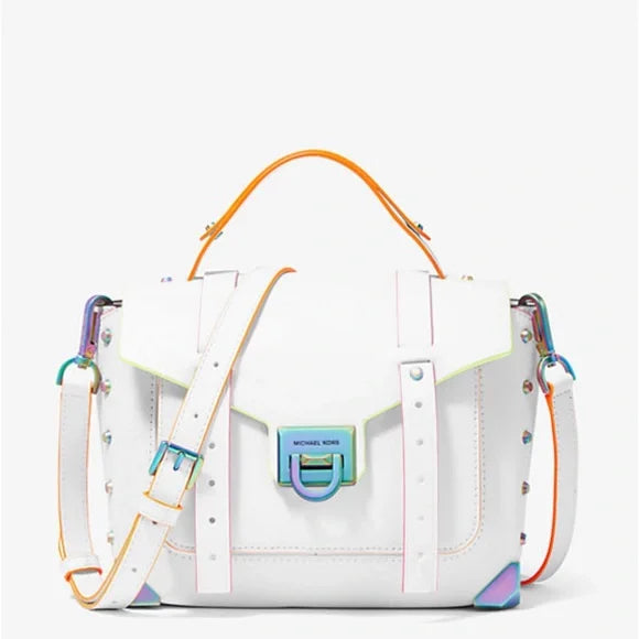 MK Manhattan Medium Contrast-Trim Leather Satchel Optic White NWT