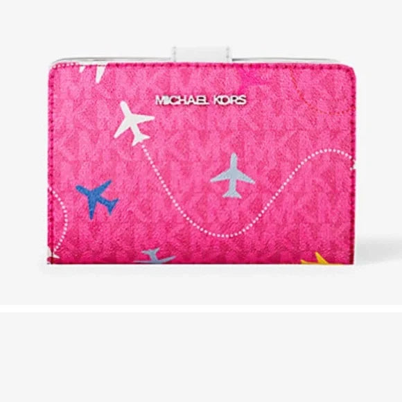 MK Jet Set Travel Medium Printed Sig. Logo. Bi-Fold Wallet Dragonfruit NWT